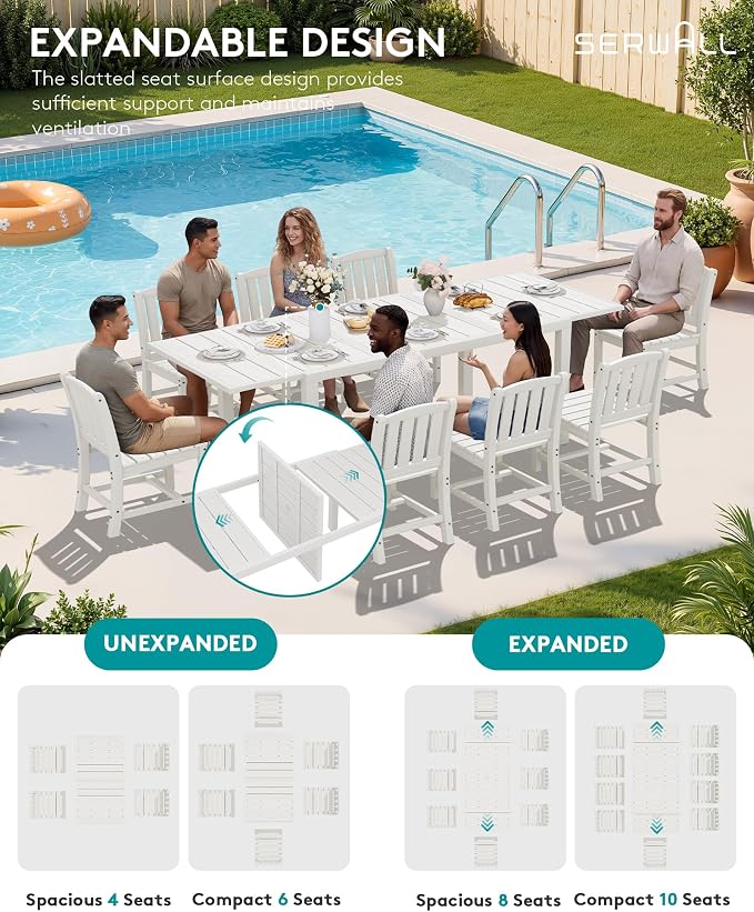SERWALL 7-Piece Outdoor Dining Set, 60" - 83" Expandable Outdoor Dining Table and 6 HDPE Chairs, All Weather HDPE Outdoor Furniture Set for Backyard, Garden, White - Image 3