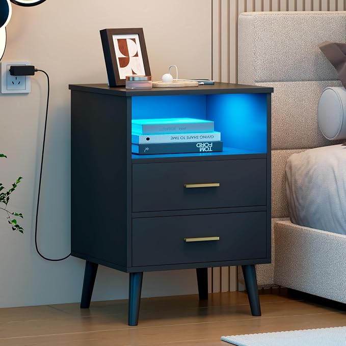LVSOMT Black Bedroom Nightstand with Charging Station and LED Lights, Modern Bedside Table with Hidded Drawer, Smart Night Stand with Open Storage Shelf, USB Port, Metal Legs - Image 9