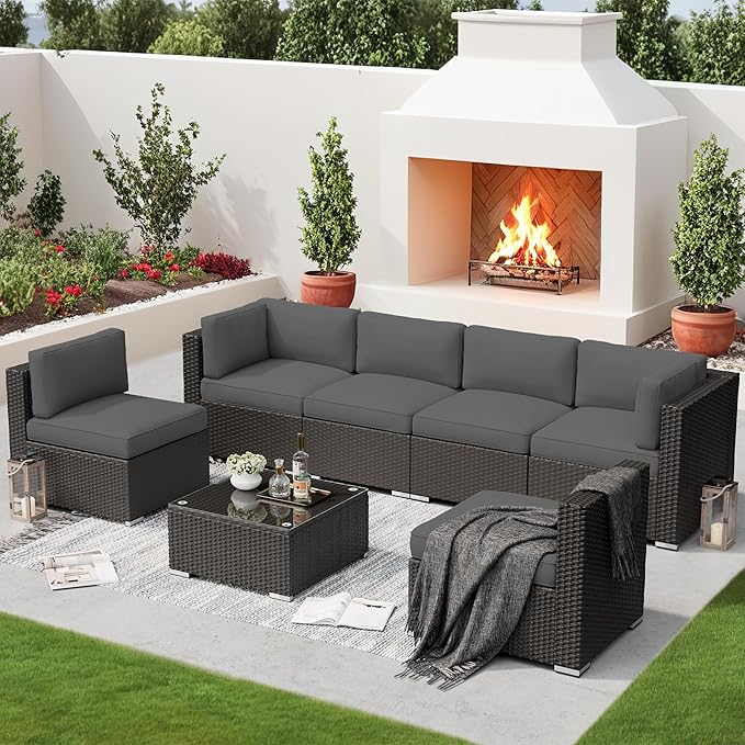 SUNCROWN 7-Piece Outdoor Patio Furniture Sofa Set All-Weather Black Wicker Sectional Conversation Set with Modern Glass Coffee Table and Cushions, Backyard, Garden, Poolside, Grey