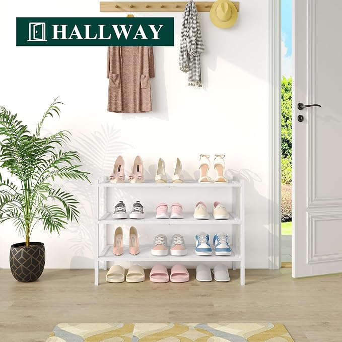 Smiry Bamboo Shoe Rack, 3 Tier Shoe Organizer for Entryway & Closet, Stackable Free Standing Storage Shelf for Shoes, Bags & Plants, White - Image 4