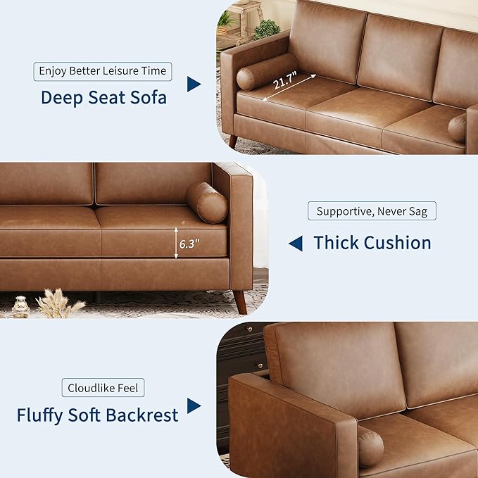 IDEALHOUSE 81" Faux Leather Sofa, Mid Century Modern Deep Seat Couch, Upholstered Cushion&Removable Cover, Brown PU Couch, 3 Seat Sofa for Living Room, Office, Brown