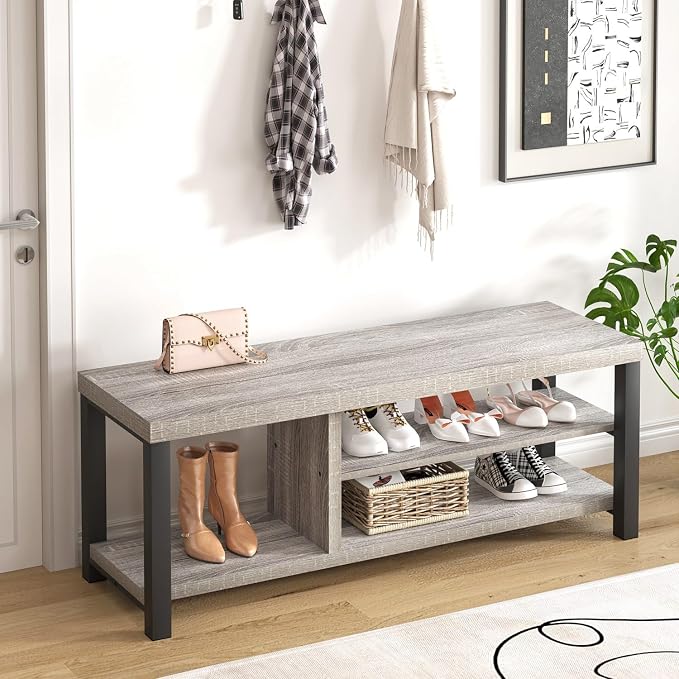 FOLUBAN Storage Bench, Vintage Wood Shoe Bench for Entryway Hallway, Industrial Indoor Shoe Rack Seat for Bedroom, Living Room, Light Grey, 43.3 Inch by FOLUBAN