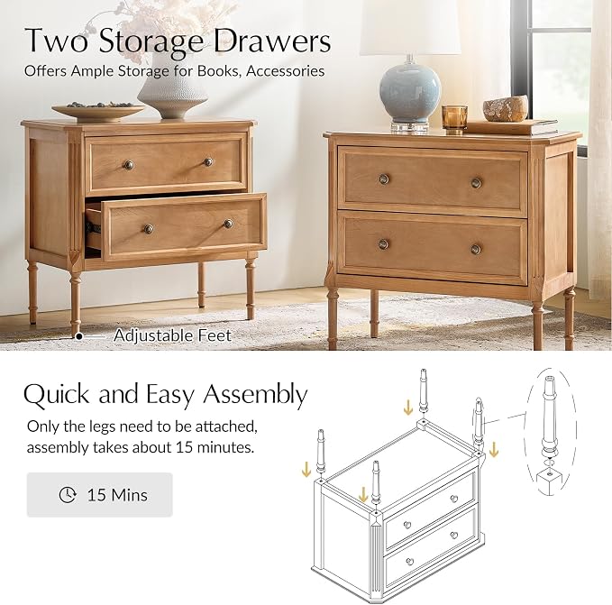 HULALA HOME Solid Wood End Table with Charging Station, Mid-Century Modern End Table with 2 Drawer, Adjustable Solid Wood Feet, Easy Assembly Set of 2, Teak - Image 5