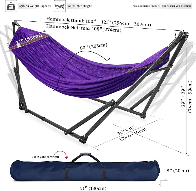 Tranquillo Universal Double Hammock with Stand Included for 2 Persons/Foldable Hammock Stand 600 lbs Capacity Portable Case - Inhouse, Outdoor, Camping, Purple - Image 6