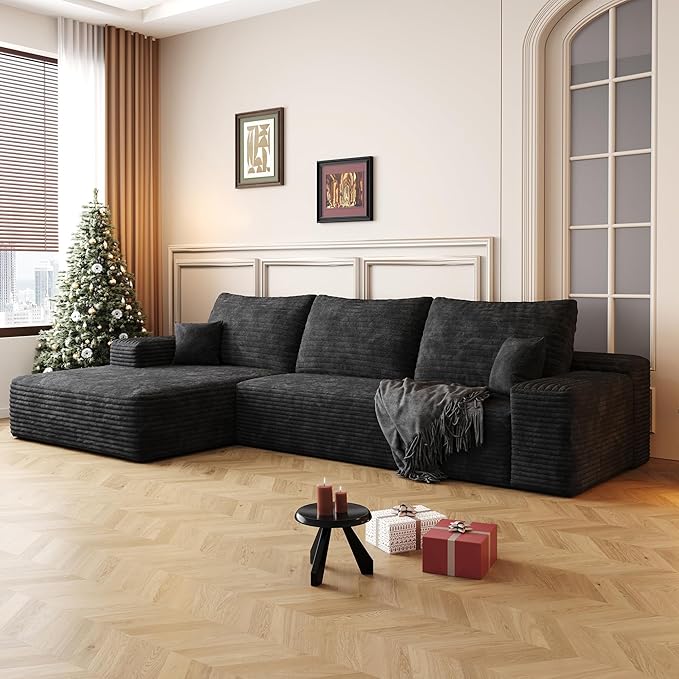 107 inch Cloud Sectional Couch Boneless Sofa in a Box for Living Room, Foam Floor Modular Sectional Sofa w/Deep Seat, Fluffy Corduroy Upholstered Couch with L-Shaped Chaise