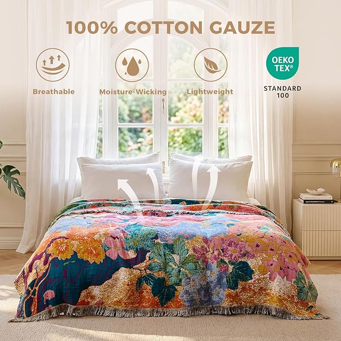 LUTBM Boho Throw Blanket for Couch Sofa Chair Cotton Spring Blankets for Bedroom Living Room All Season Soft Lightweight Reversible Floral Embroidery Breathable Decorative Throws 50"x60"