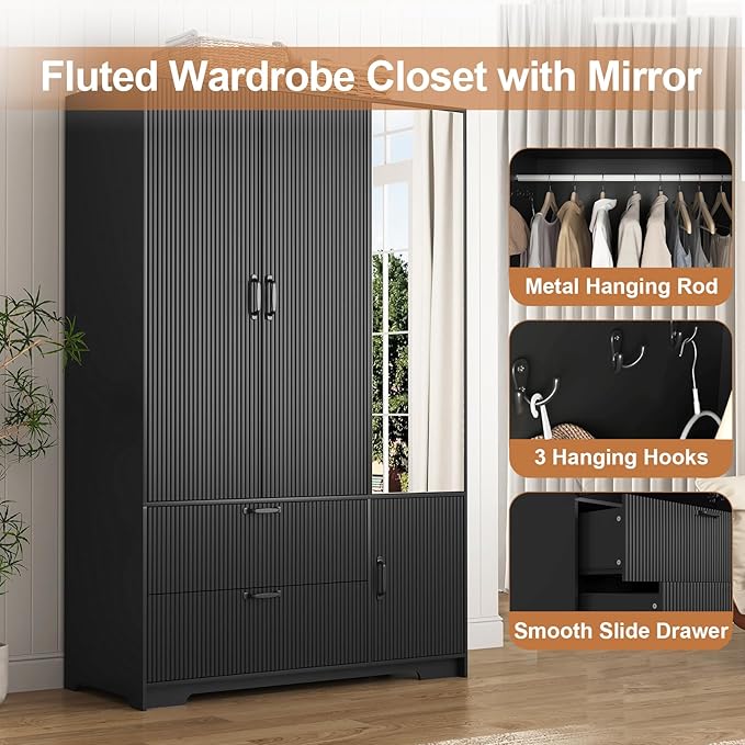 72'' Fluted Armoire Wardrobe Closet with Mirror Door and 2 Drawers,Tall Bedroom Armoire Wardrobe Cabinet with Hanging Rod,Wooden Bedroom Closet with 4 Adjustable Shelves (Black)