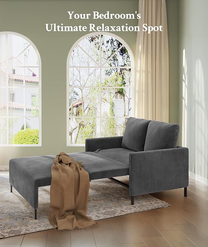 47.2" Convertible Sofa Bed Couch, Comfy Corduroy Couch Bed, All in 1 Loveseat Sleeper Sofa, Love Seat Sleeper Bed with 2 Pillows, Modern Couches for Living Room/Apartment/Home/Office, Grey
