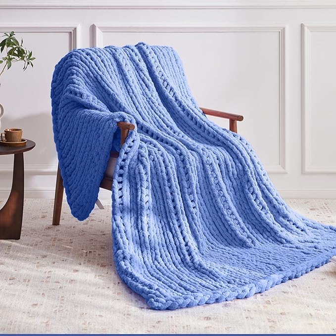 Negwoo Chunky Knit Throw Blanket, 80''*90'' Knitted Throw Chenille Yarn for Bed Couch, Handmade Light Blue Crochet Big Thick Blanket, Machine Washable Cute Comfy Blanket for Home Decor