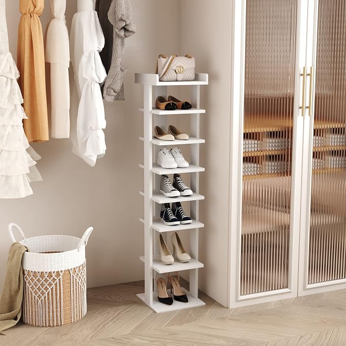 HOMEFORT 7-Tier Wood Shoe Rack, Entryway Shoe Tower,Vertical Shoe Organizer, Wooden Shoe Storage Stand, White - Image 8