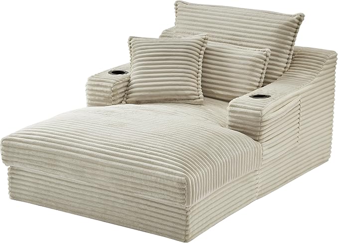 47 Inches Oversized Chaise Lounge Chair Indoor, Fluffy Corduroy Upholstered Boneless Sleeper Sofa Couch with Cupholders and 3 Throw Pillows, Deep Seat Lazy Lounger Cloud Couch Bed