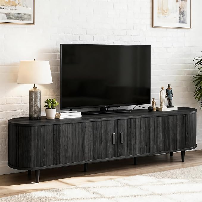 70" Mid Century Modern TV Stand, Wood TV Consoles with Sliding Doors and Power Outlet, Fluted Entertainment Center with Adjustable Shelves, Media Console for Living Room, Black by Unknown