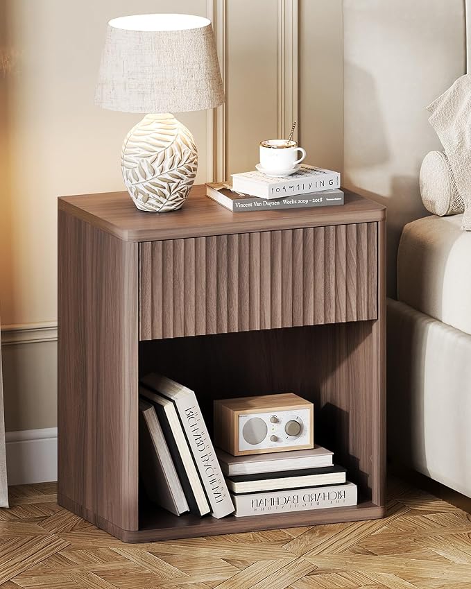 WLIVE Night Stand, Wood Nightstand with Storage Drawer and Open Shelf, Fluted Bedroom Nighstand, Mid Century Bed Side Table, End Tables Living Room, Dorm, Home Office, Carrocci Brown - Image 2