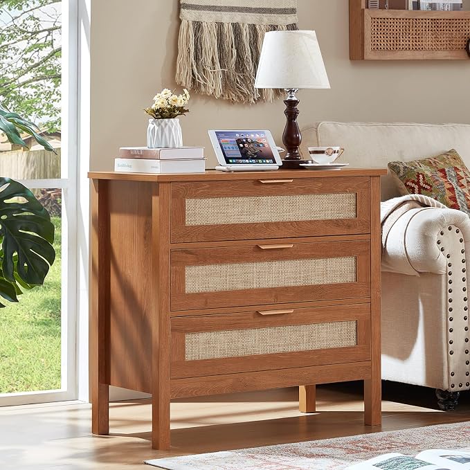 LEYAOYAO 31.5" Wide Rattan Nightstands Set of 2 with Charger Station, Large Boho 3 Drawer Night Stand, Teac Brown Bedside Table with Storage, Bed Side End Tables for Bedroom, Living Room, Hallway - Image 3