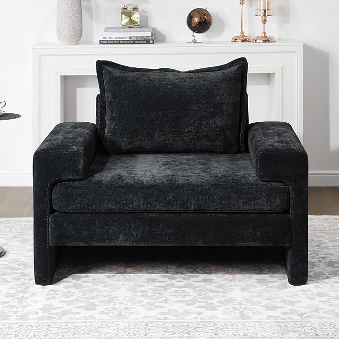 Christopher Knight Home Aylen Modern Chenille Upholstered Accent Chair with Wide Armrests, Wooden Living Room Club Chair, Bedroom Comfy Reading Chair with Back Pillow, Black