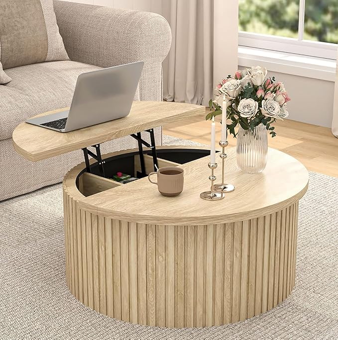 Fluted Lift Top Coffee Table with Hidden Storage, 31.6 Inch Round Coffee Tables for Living Room, Circle Wood Center Tables for Home (Wood Color)