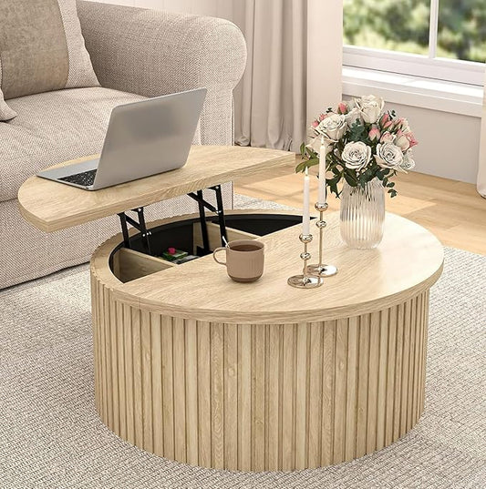 Fluted Lift Top Coffee Table with Hidden Storage, 31.6 Inch Round Coffee Tables for Living Room, Circle Wood Center Tables for Home (Wood Color)