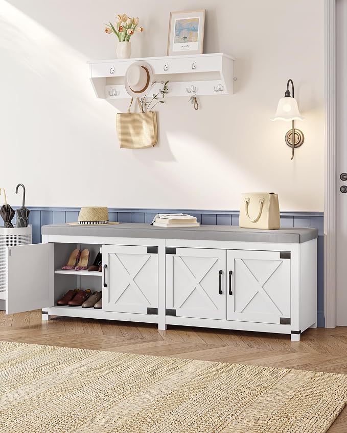 Hzuaneri Shoe Storage Bench, 2 Tier Shoe Bench with Padded Seat Cushion & 4 Barn Doors, 59" Entryway Bench with Adjustable Shelf, Farmhouse Shoe Cabinet for Living Room, Bedroom, White SB31503GY - Image 8