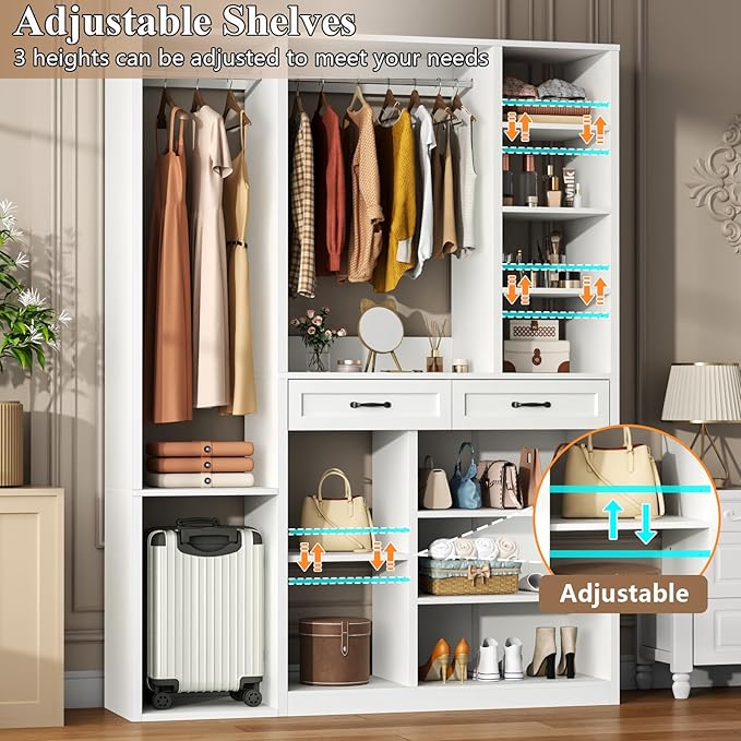 Armoire Wardrobe Closet with 2 Drawers, 81” H Wooden Wardrobe Closet with 10 Storage Shelves and 2 Hanging Rod, White Modern Armoire, Clothing Storage Cabinet Organizer Combination, Bedroom Furniture