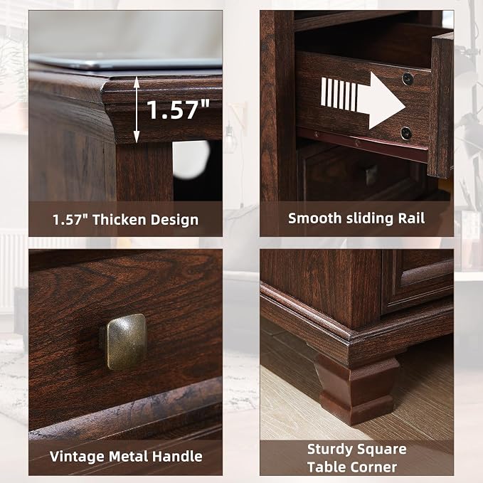 SAVOR LIFE Farmhouse Nightstand Set of 2 with Charging Station, Rustic Brown Nightstand, 2 Drawers End Table, Bedside Table with Open Shelf for Bedroom, Walnut - Image 5