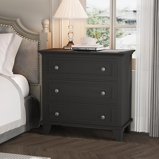GAOMON 3 Drawer Dresser for Bedroom, Black Wood Chest of Drawers Bedroom Dresser, Rustic Small Drawers Dressers Nightstand Wooden Closet Storage Cabinet for Living Room - Image 3