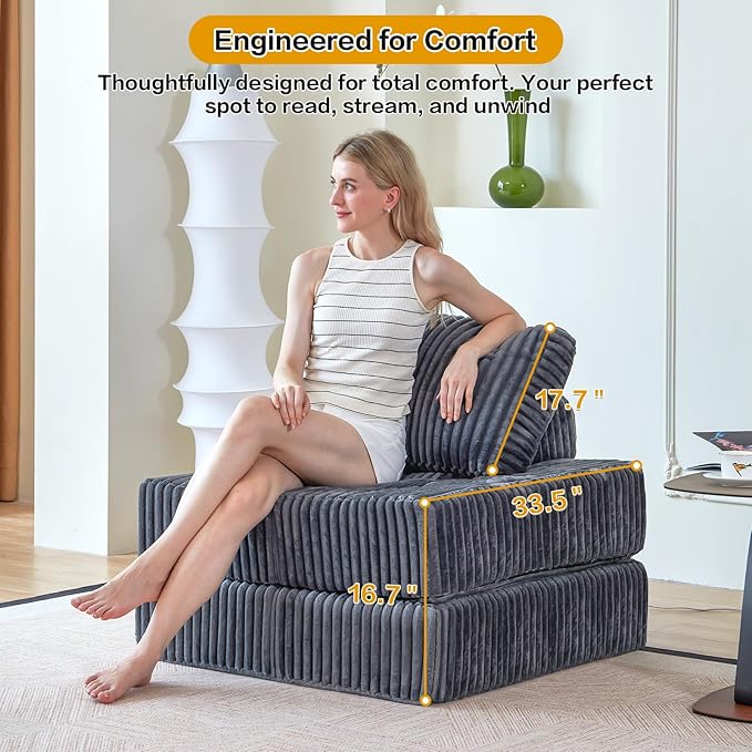 Folding Sofa Chair, Foldable Floor Sofa Bed with Corduroy, Convertible Sleeper Chair Single, Portable Fold Out Chair Bed for Adults, Folding Futon Mattress for Small Spaces, Apartments