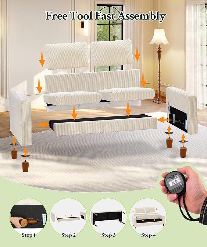70.2" Couches for Living Room, Comfy Beige Couch 7.1" Extra Thick Cushion, Sofas for Living Room Tool-Free Setup, Loveseat Sofa 705lbs Support, Corduroy Couch for Bedroom, Apartment, Office