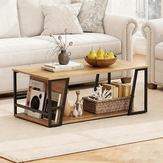 Giantex Modern Coffee Table with Storage, 2-Tier Rustic Wood Center Table with Shelf, Compartment, Metal Frame, Rectangular Geometric Living Room Table for Apartment (Oak)