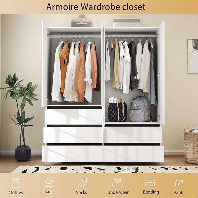 Modern Wardrobe Closet with 4 Doors: 75" White Armoire with 5 Drawers, Wooden Wardrobe for Hanging Clothes, Tall Storage Cabinet with Shelves and Hanging Rod (A+B, 63")