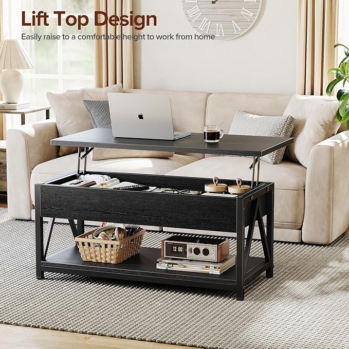 Lift Top Coffee Table,Lift Coffee Tables with Storage Shelf and Large Hidden Compartment for Living Room,Lift Tabletop Dining Center Table for Small Space, Black