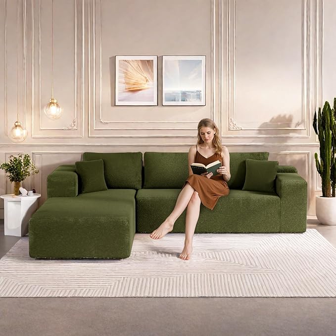 105" Cloud Sectional Couch with L-Shape Chaise,Modern Modular Sofa with Deep Seat, Fluffy Boneless Couches for Living Room Bedroom,No Assembly Required, Green (Plush Wool Fabric)