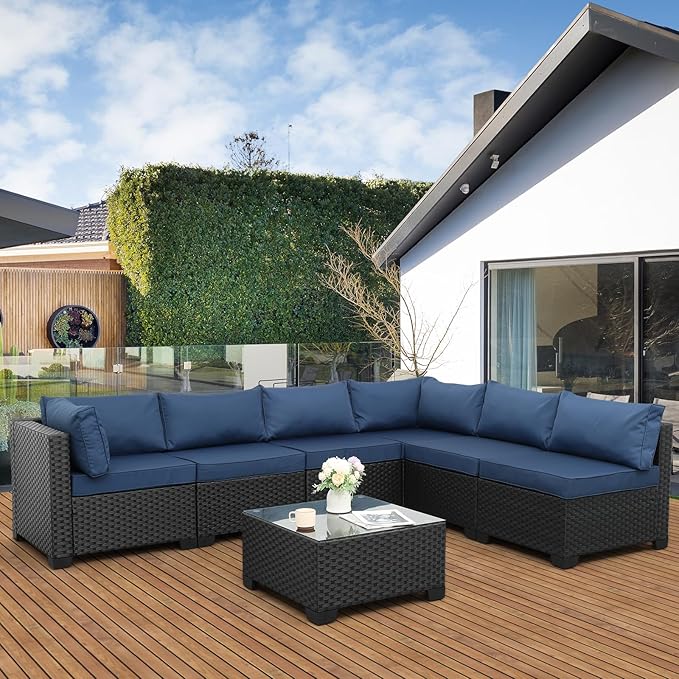 Valita 7 Pieces Outdoor Wicker Furniture Conversation Set Patio Sectional Sofa Set Glass Table with Non-Slip Cushions Furniture Cover, Navy Blue