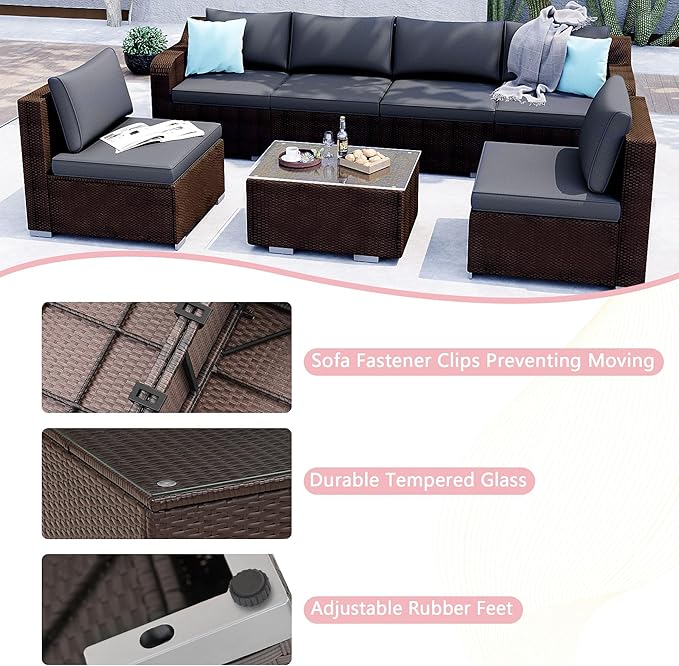 7-Piece Patio Furniture Set - Outdoor Sectional Sofa Set with Cushions and Glass-Top Coffee Table for Gardens, Poolside, Backyards and Porches, Wine/Grey