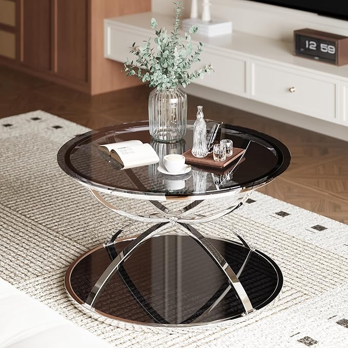 32" Tempered Glass Round Coffee Table Modern Chrome Frame Dome Base Two Tiers Circle Living Room Center Tables