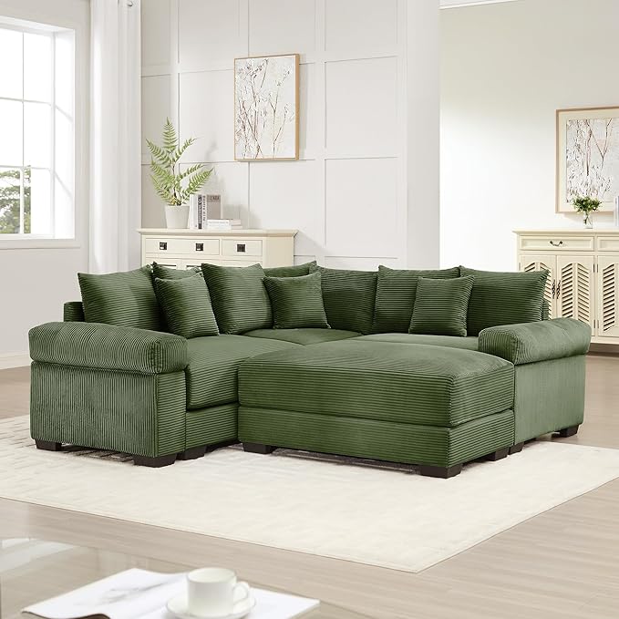 KEIKI 79" L-Shaped Oversized Corduroy Modular Cloud Sectional Sofa with 1 Ottoman, High-Density Foam Cushion, Extra-Thick Armrest, 3-Seater Fluffy Corner Couch with 10 Pillow, for Living Room, Green