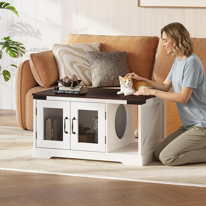 WLIVE Coffee Table with Storage, 2-in-1 Modern Center Table Cat House Furniture with Cat Teaser for Living Room, Home, White