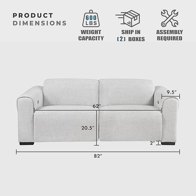 Lexicon Power Reclining Sectional Couches for Living Room-Modular Sectional Sofa, Wall Hugger, 2 Recliner Seats, Power Headrests, Charging Ports, 2 Seater Couch, Chenille Cloud