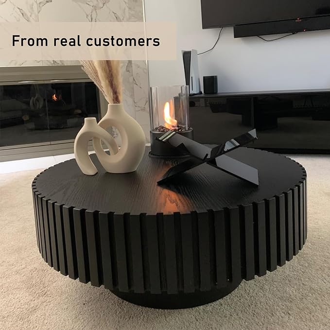 Round Coffee Table Fluted with Sturdy Base, 31.49" Modern Wood Coffee Table for Living/Reception Room, Easy Assembly, Black