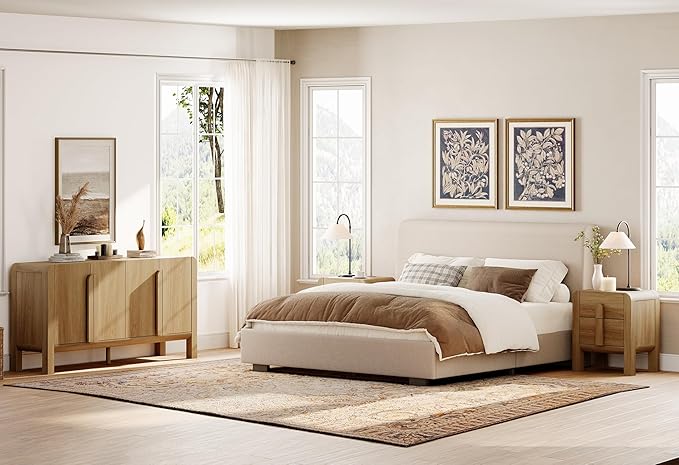 WAMPAT 3 Piece Bedroom Set, Modern 63" Wide Dresser Cabinet and Nightstand Set of 2 with Charging Station,Wood Storage Closet Chest with Natural Texture for Bedroom, Hallway,Light Walnut