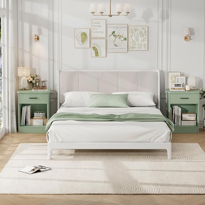 FOTOSOK Nightstand Set of 2, 2-Tier Side Table with Drawer and Storage Shelf, Bedside Table End Table, Modern Night Stand for Bedroom, Home Office, Green - Image 2