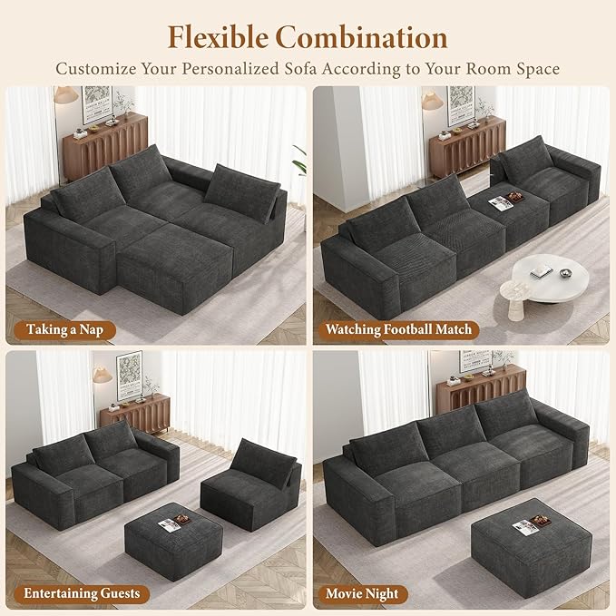 Vesgantti 114" Modular Boneless Couch, Modern 3 Seater Sectional Sofa with Ottoman & Deep Seat, Convertible Chenille L Shaped Cloud Couches for Living Room, No Assembly Required, Dark Grey
