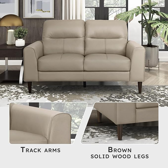Lexicon Leather Match Loveseat Sofa, Modern Couch Sofa, Oversized Loveseat, Solid Wood Legs, Top Grain Leather 2 Seater Couch for Living Room, Bedroom, Office, Apartment, Waiting Room, Latte