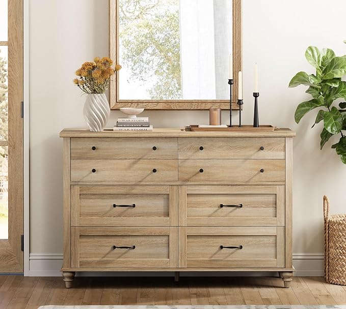WAMPAT 2 Piece Bedroom Set - Includes 8 Drawer Dresser for Bedroom, Light Wooden Nightstand with Charging Station & Drawers, 2 Piece Dresser and Nightstand Sets, Oak