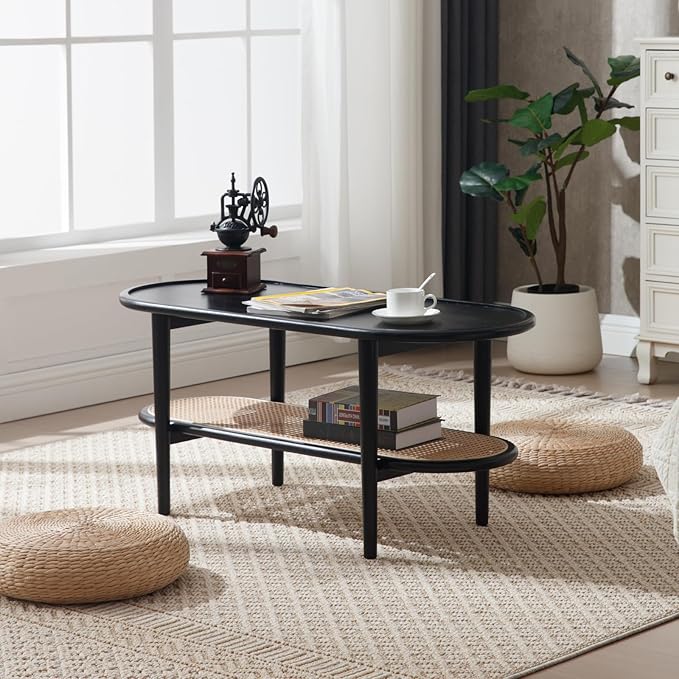 Black Rattan Coffee Table, 39.5" Oval Center Table with Storage Shelf, Modern 2-Tier Wood Side Table for Bedroom Small Space