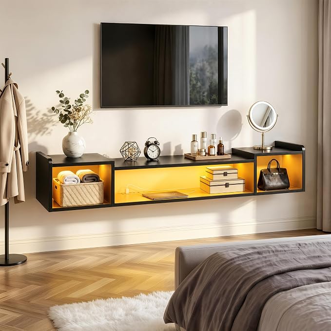 55.1"W Floating TV Stand with LED Lights & Power Outlets for 50 55 60 65 Inch TV Wall Mounted Entertainment Center with Storage for Living Room Wood Media Console Shelf Black TV Shelf Wood for Bedroom - Image 6