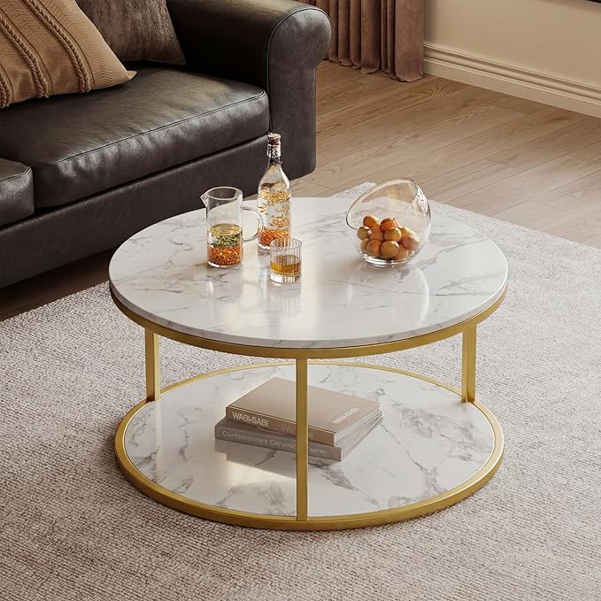 JUMMICO 36" Coffee Tables with Storage, 2-Tier Round Coffee Table, Center Table for Living Room, Furniture for Small Spaces, White Marble