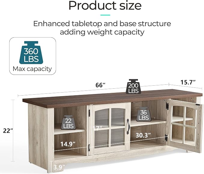 LINSY HOME TV Stand for 75 Inch TV, Modern Farmhouse Entertainment Center with Storage Cabinets and Glass Doors, Tall Media Console Table for Living Room, Bedroom, Large Long Television Stand, Beige - Image 3