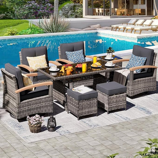 MEISSALIVVE 8 Pieces Patio Furniture Sets, PE Wicker Outdoor Conversation Sets with 2 Wood Armrests Swivel Rocker Chairs, 2 Fixed Single Chairs, 2 Ottomans and Dining Table(Grey)