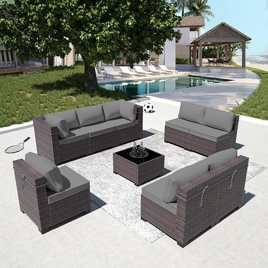 9 Pieces Outdoor Patio Furniture Set,Outdoor Sectional Furniture All Weather PE Rattan Wicker Patio Conversation Set with Coffee Table and 8 Thickened Cushions,Grey