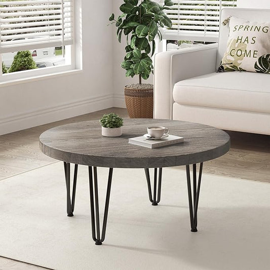 Rustic Wood Round Coffee Table with Metal Legs, Solid Elm Wood Top and Non-Slip Feet Pads - Farmhouse Style for Living Room, Grey